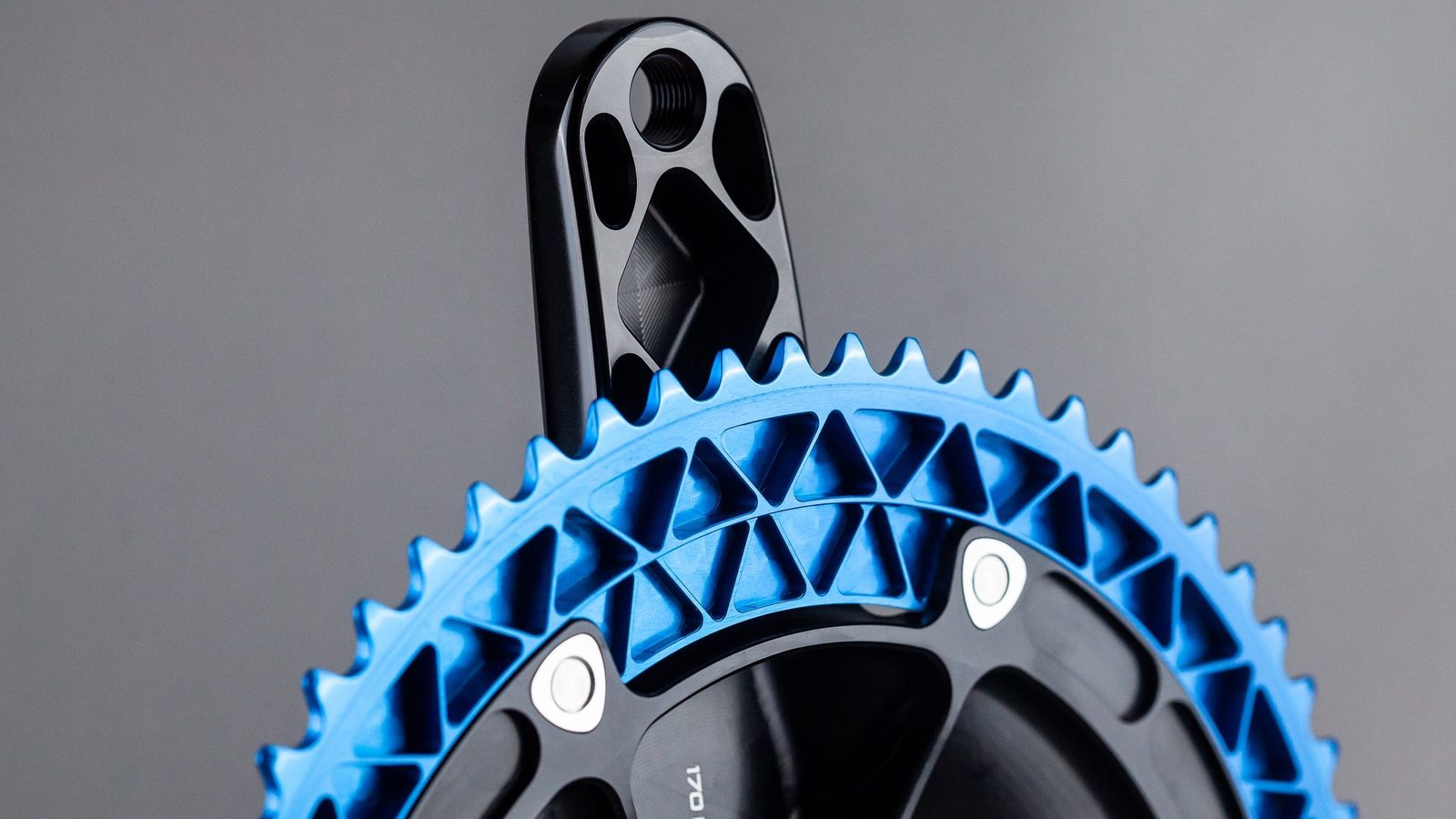 Close-up of the blue Raketa chainring and interlocking bolts